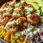 Grilled Shrimp Bowl with Avocado, Corn Salsa & Creamy Garlic Sauce 19 Grilled Shrimp Bowl with Avocado, Corn Salsa & Creamy Garlic Sauce