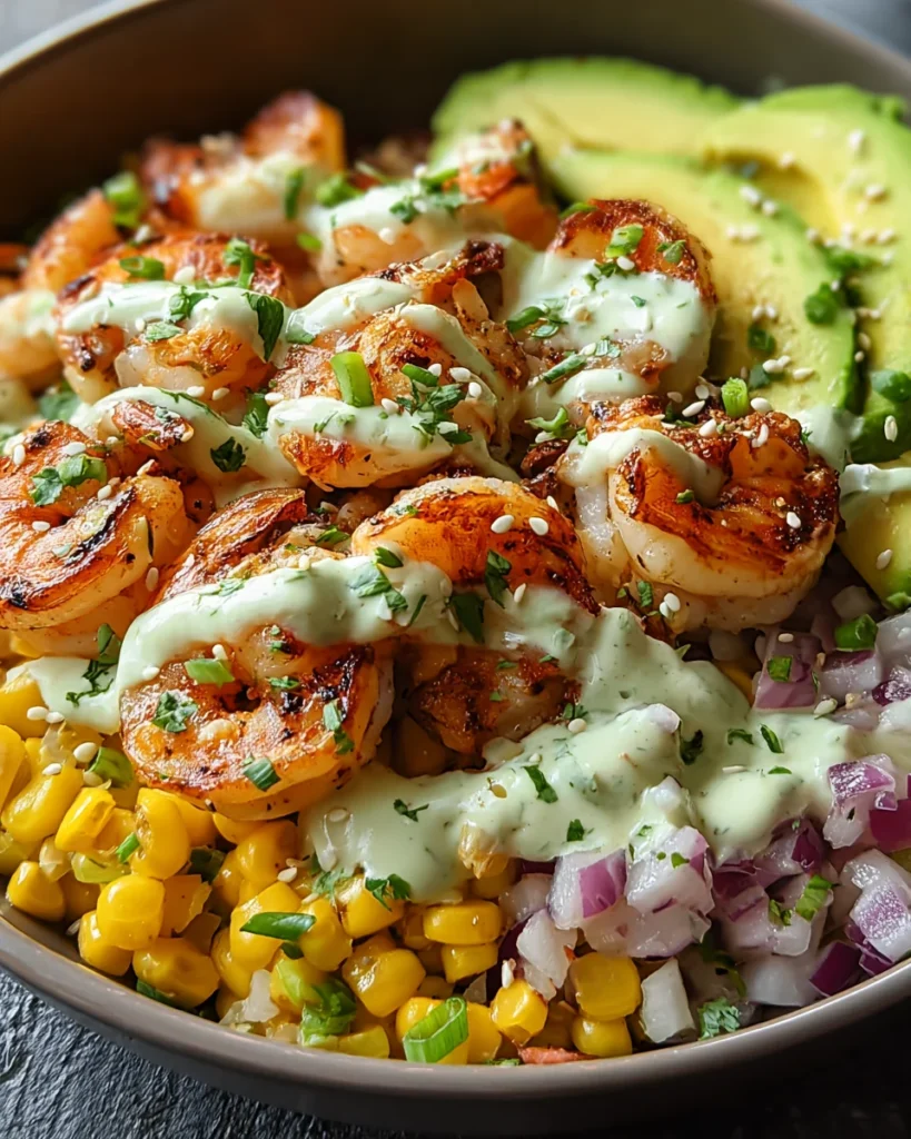 Grilled Shrimp Bowl with Avocado, Corn Salsa & Creamy Garlic Sauce