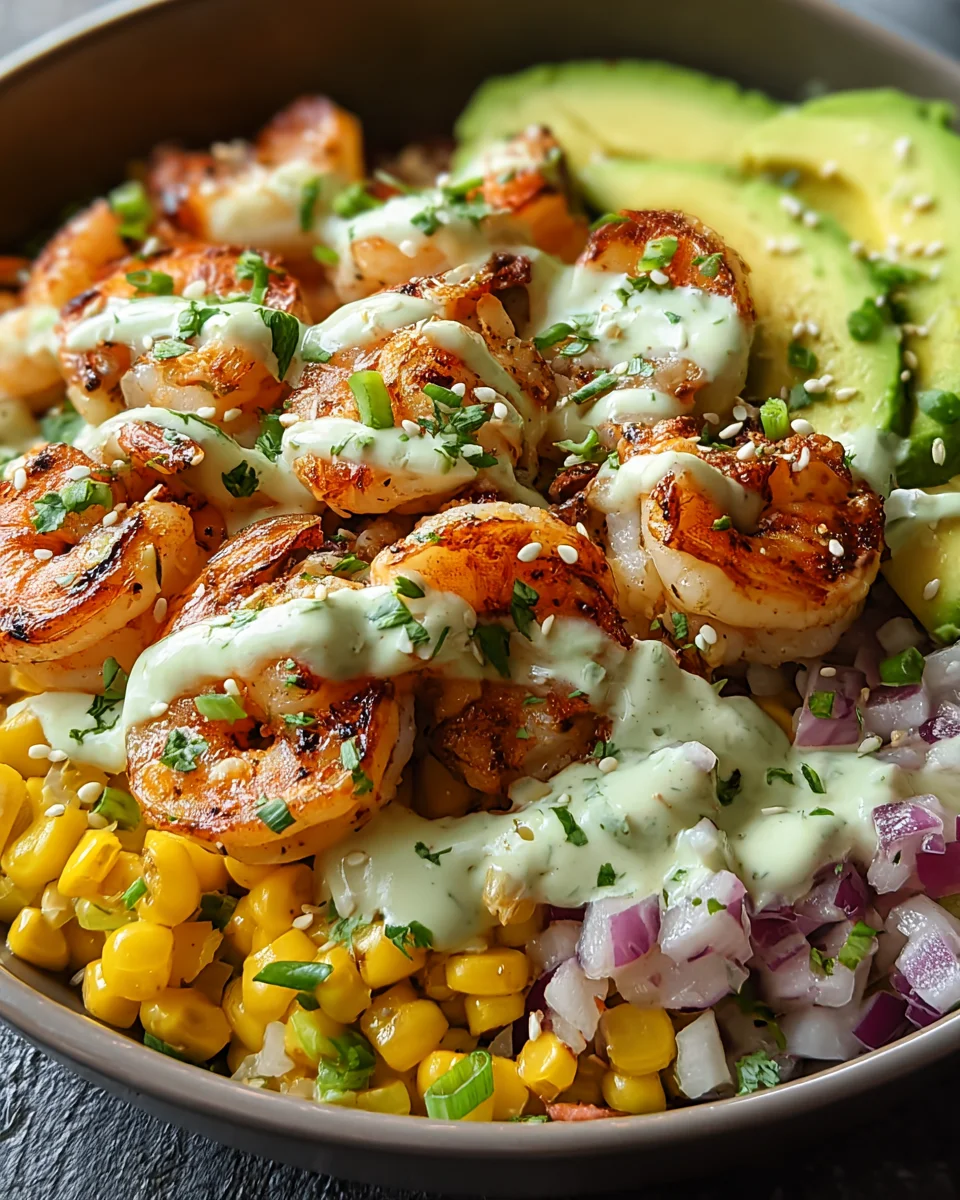 Grilled Shrimp Bowl with Avocado, Corn Salsa & Creamy Garlic Sauce 20 Grilled Shrimp Bowl with Avocado, Corn Salsa & Creamy Garlic Sauce