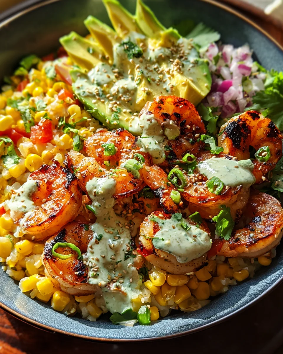 Grilled Shrimp Bowl with Avocado, Corn Salsa & Creamy Garlic Sauce 18 Grilled