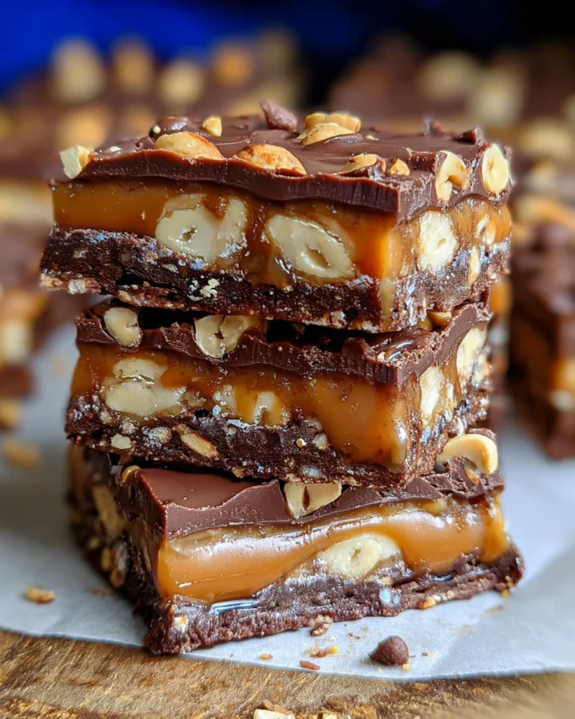 No Bake Crispy Snickers Bars
