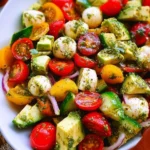 Tomato Cucumber Avocado Salad with Mozzarella and Basil Pesto