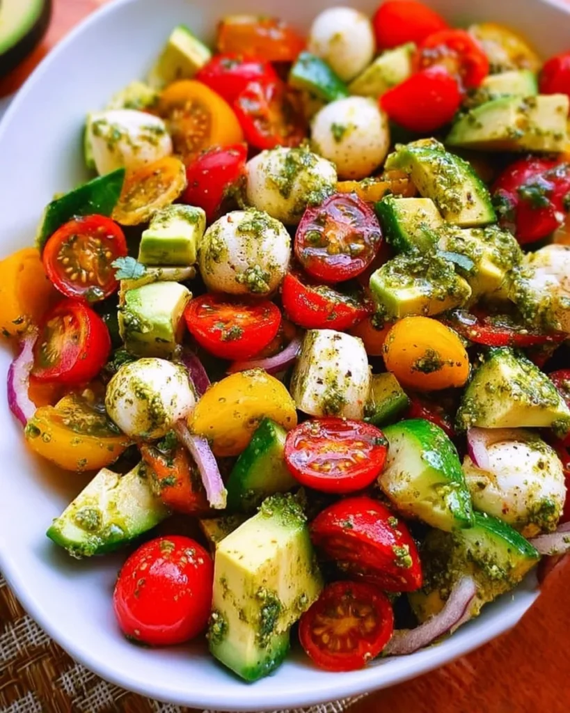 Tomato Cucumber Avocado Salad with Mozzarella and Basil Pesto