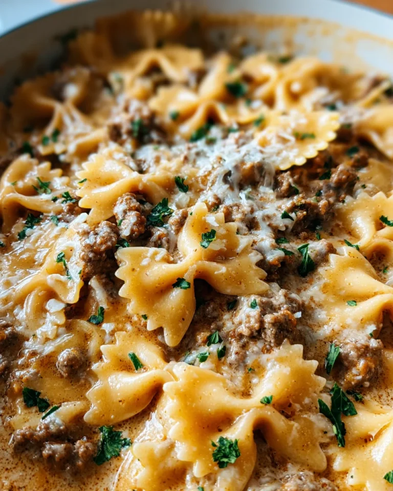 Cheesy Beef and Bowtie Pasta in Garlic Butter