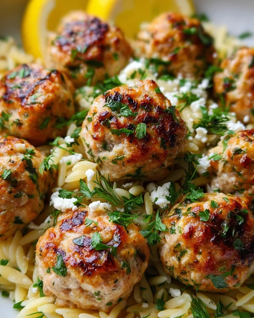 Greek Chicken Meatballs with Lemon Orzo