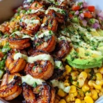 Grilled Shrimp Bowl with Avocado, Corn Salsa & Creamy Garlic Sauce