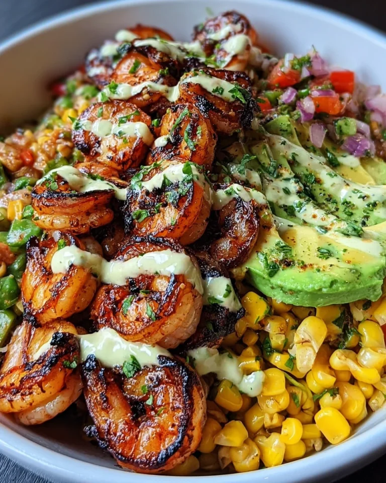 Grilled Shrimp Bowl with Avocado, Corn Salsa & Creamy Garlic Sauce