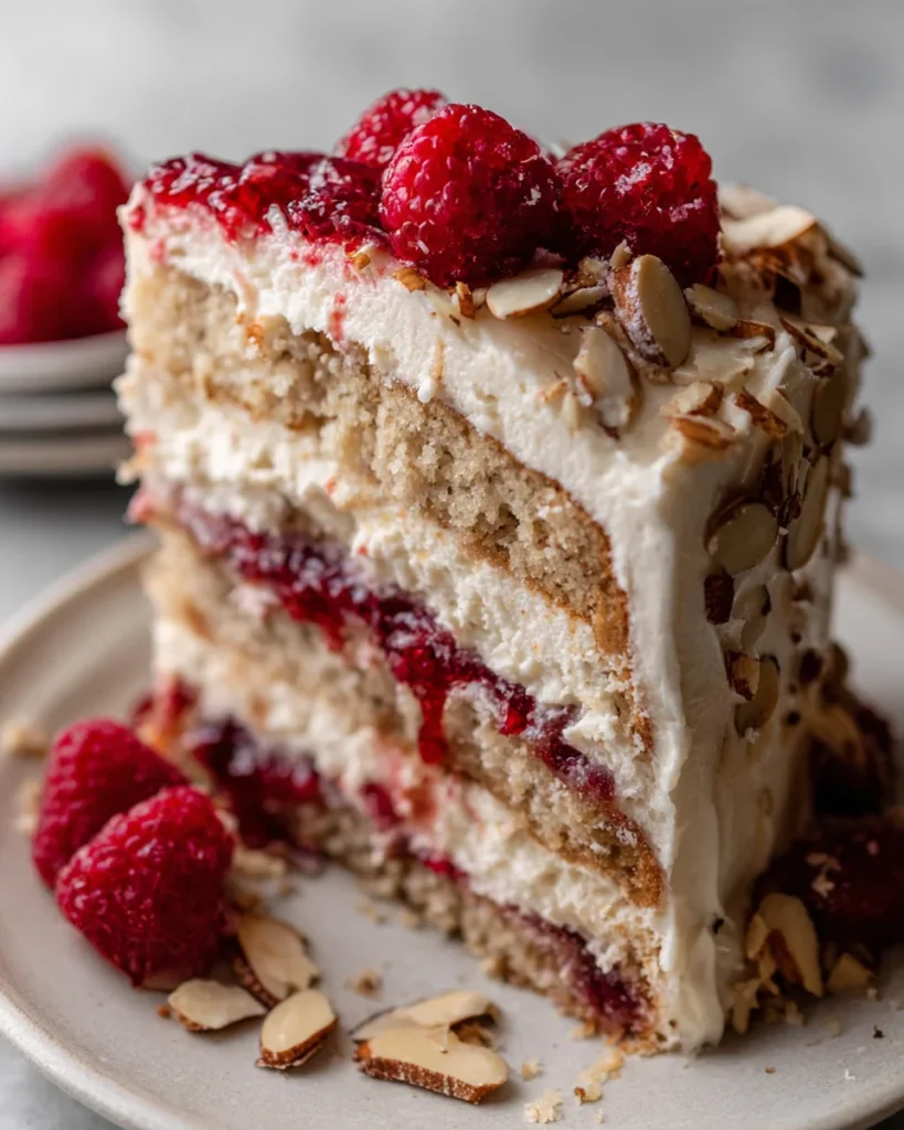 One Bowl Vegan Almond Raspberry Cake with Cream Cheese Frosting