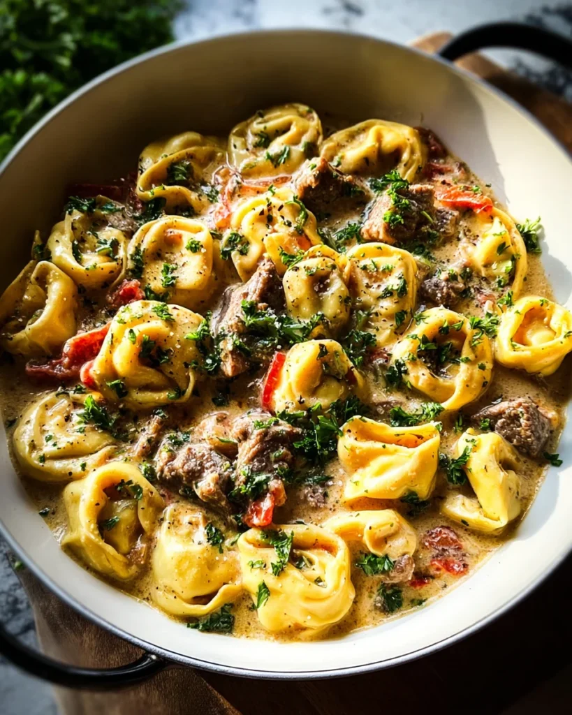 Cheesesteak Tortellini in Creamy Provolone Sauce