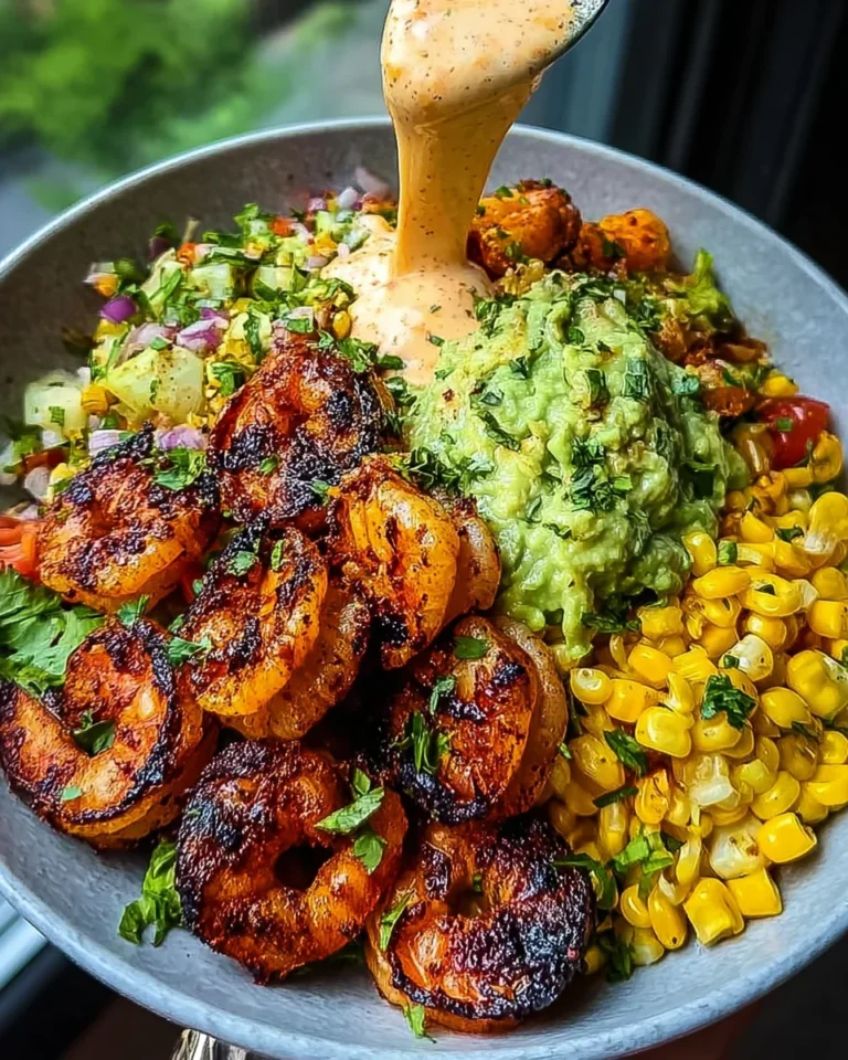 Grilled Shrimp Bowl with Avocado, Corn Salsa & Creamy Sauce