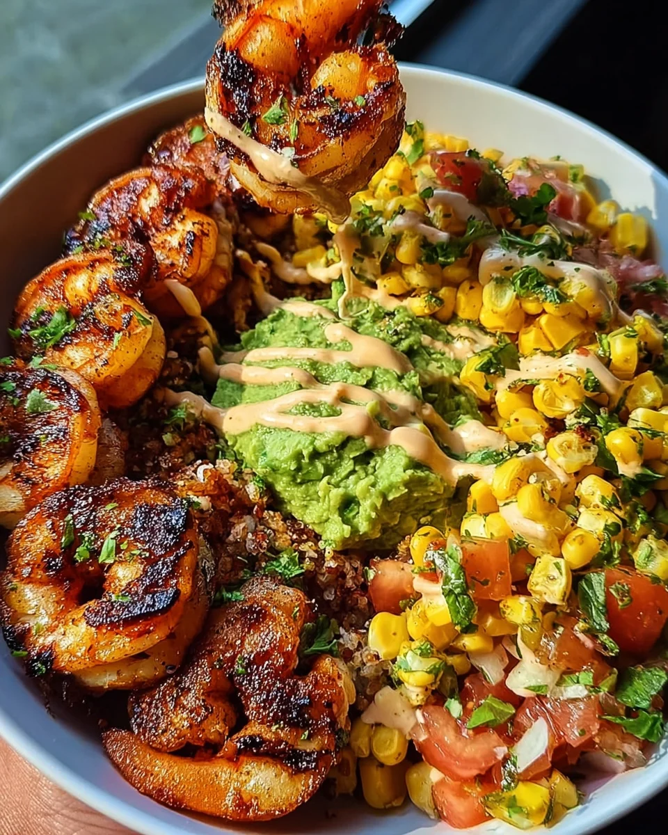 Grilled Shrimp Bowl with Avocado, Corn Salsa & Creamy Sauce 33 Grilled