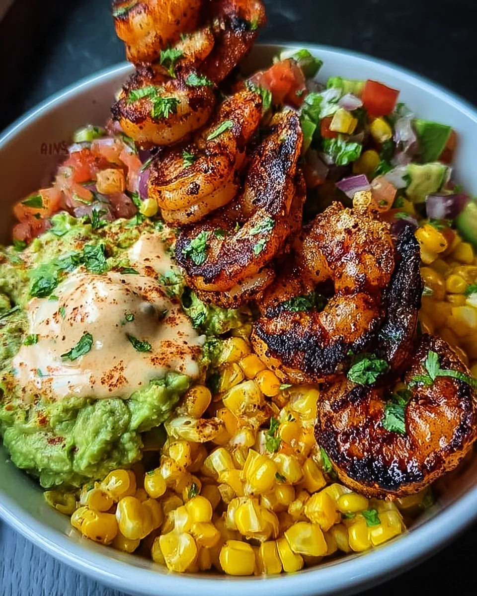 Grilled Shrimp Bowl with Avocado, Corn Salsa & Creamy Sauce 34 Grilled