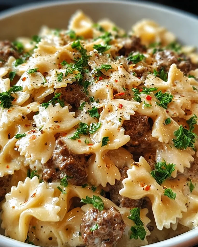 Beef and Bowtie Pasta with Alfredo Sauce