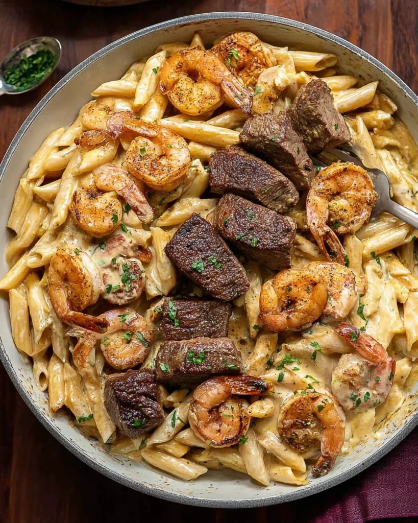 Blackened Steak and Shrimp Alfredo