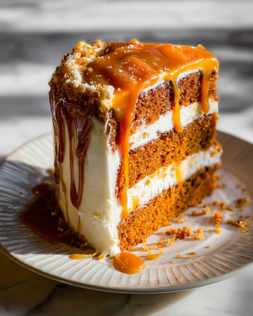 Pumpkin Cake with Cream Cheese Frosting and Salted Caramel Drizzle