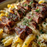 Steak and Creamy Garlic Parmesan Pasta