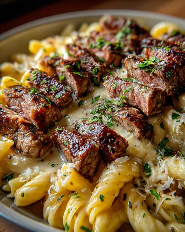Steak and Creamy Garlic Parmesan Pasta