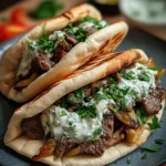 Cheesy Beef and Mushroom Pita Pockets with Tzatziki Sauce