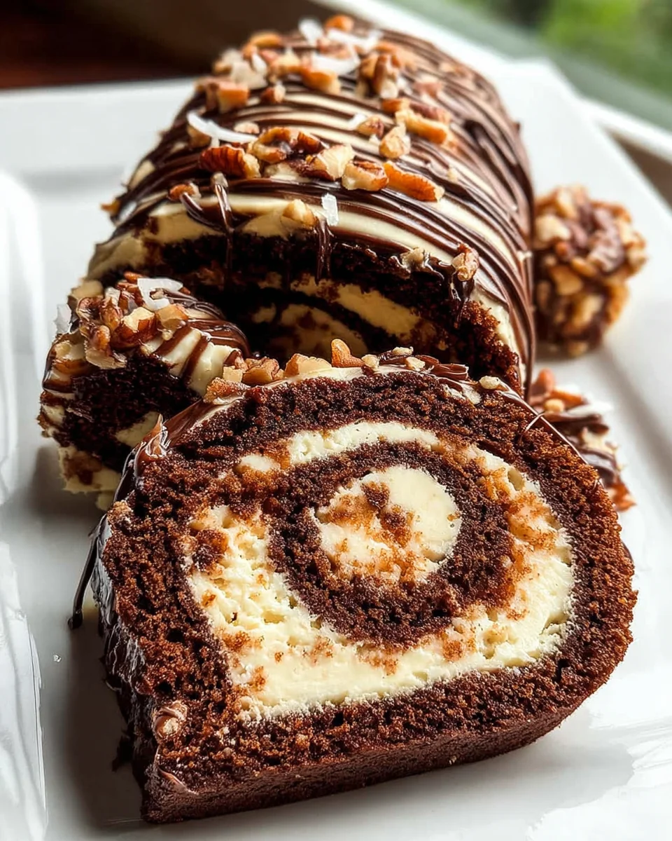 Decadent German Chocolate Coconut Pecan Roll Cake