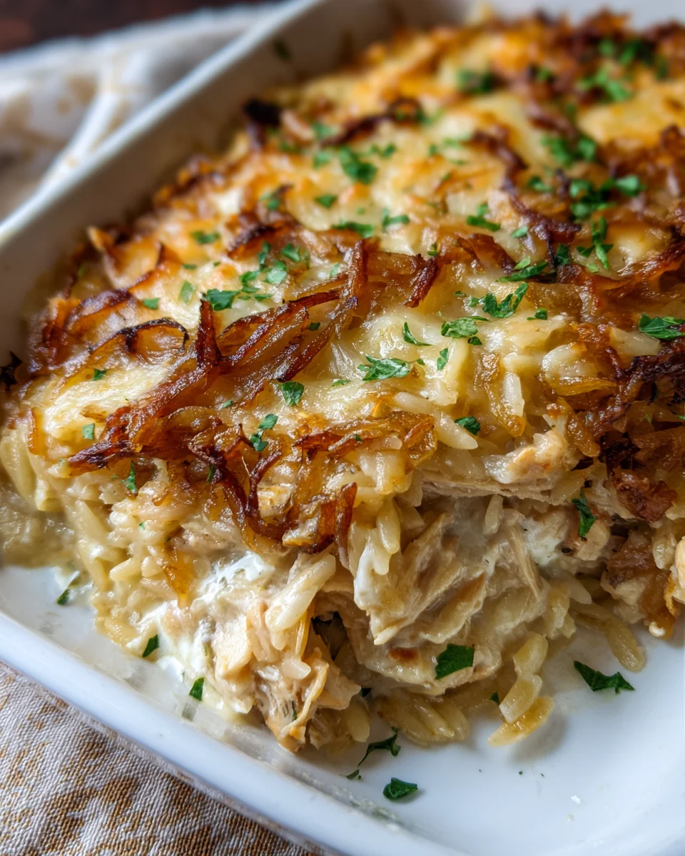 French Onion Chicken Orzo Casserole