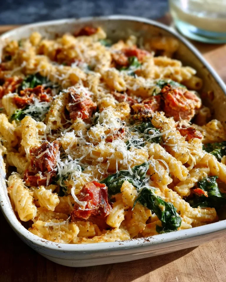 Baked Boursin Cheese Pasta with Sundried Tomatoes and Spinach