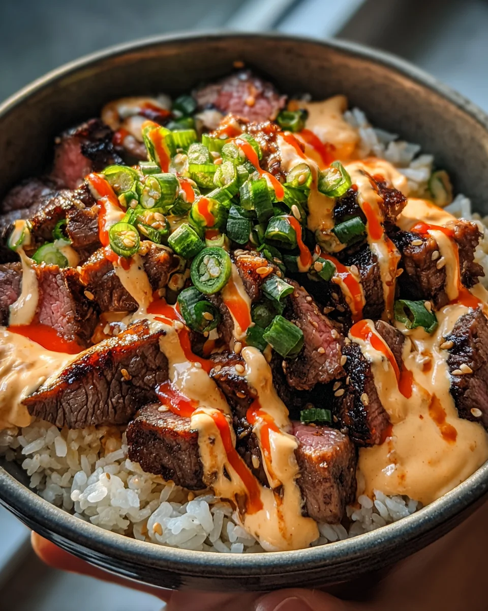 Korean BBQ Steak Rice Bowls with Spicy Cream Sauce