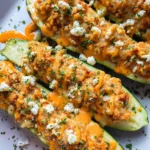 High Protein Buffalo Chicken Stuffed Zucchini Boats