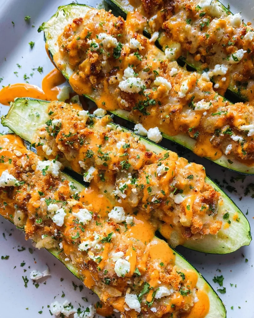 High Protein Buffalo Chicken Stuffed Zucchini Boats