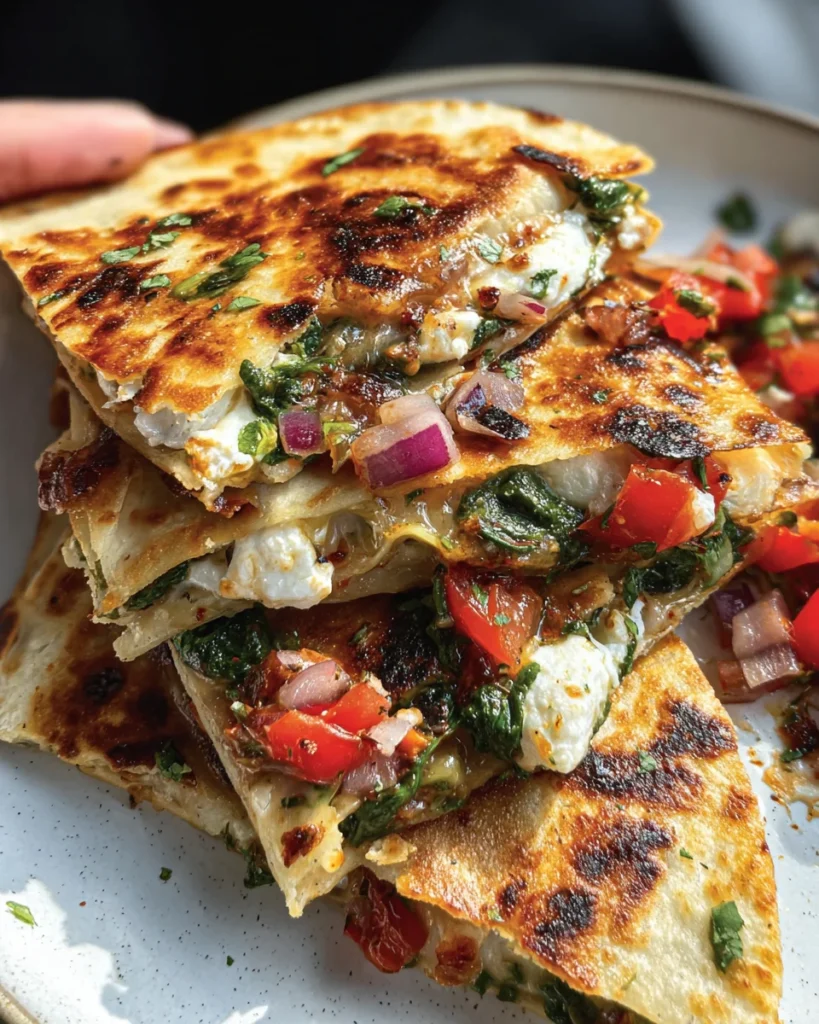Mediterranean Quesadillas with Spinach, Feta, Mozzarella, and Red Onion