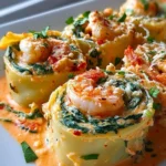 Shrimp and Spinach Stuffed Pasta Rolls with Roasted Red Pepper Cream