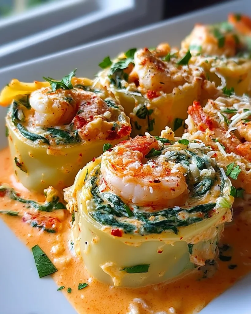Shrimp and Spinach Stuffed Pasta Rolls with Roasted Red Pepper Cream